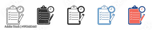 Versatile Task Management Icons Clipboard with Checklist, Pencil, and Clock Symbolizing Time Tracking, Productivity, and Deadline Reminders in Various Styles
