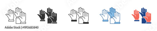 Set of stylized hand gesture icons illustrating open palms, symbolizing welcome, praise, community, and support in diverse graphic styles for digital applications