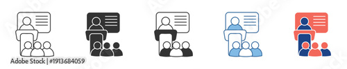 Dynamic icon collection for effective public speaking, business presentations, and educational lectures, depicting a speaker addressing an attentive audience at conferences and training seminars