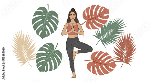 Woman practicing yoga surrounded by tropical leaves