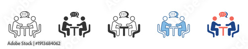 Diverse styles of a digital icon illustrating two individuals engaged in a productive conversation at a table, symbolizing teamwork, discussion, or a business meeting
