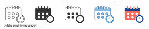 Modern set of flat design calendar and clock icons for efficient time management, appointment scheduling, deadline tracking, and event planning across various digital platforms and applications