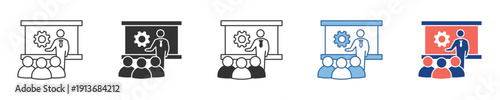 Versatile multi-style icon set illustrating a collaborative business meeting, strategic presentation, or professional training session for corporate development and effective teamwork initiatives