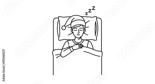 Person sleeping peacefully in bed wearing a nightcap.