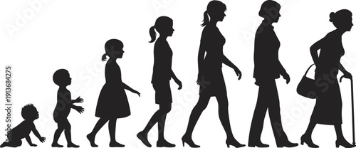 Female Aging Process Silhouettes from Baby to Elderly Woman with Cane, Life Cycle Concept Vector Illustration