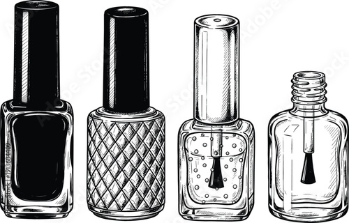 Vintage nail polish bottle illustration set in engraved hand-drawn style, showcasing cosmetic packaging, beauty products, and manicure essentials