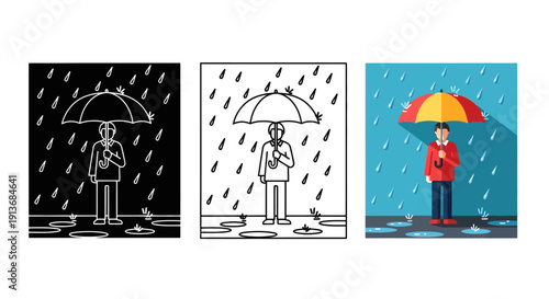 Collection of flat design icons and line art showing a person holding an umbrella to shield themselves from falling rain in various weather conditions