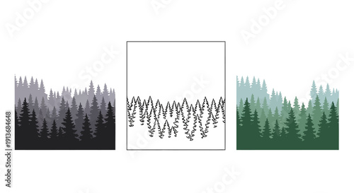 Collection of three distinct stylized vector graphics showcasing layered evergreen forest silhouettes against hazy mountain backdrops offering varied artistic interpretations