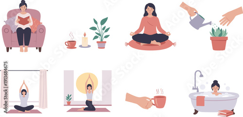Different activities for relaxation and self care in daily life