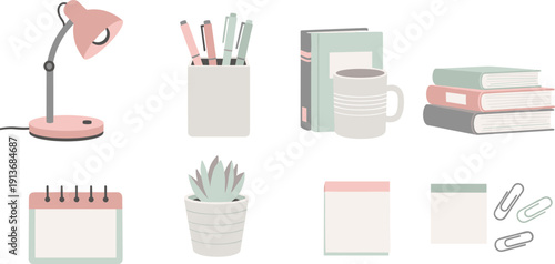 Desk items and stationery setup in a bright workspace
