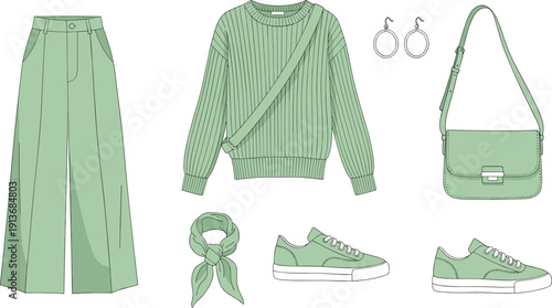 Fashion set with green clothing and accessories for casual wear