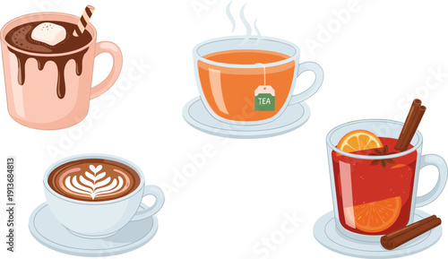 Hot beverages in colorful cups with toppings and tea bags