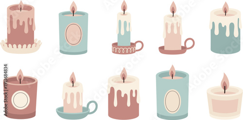 Various candles in different designs and colors on a white background