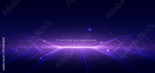 Technology futuristic glowing blue and purple wave lines on dark background.