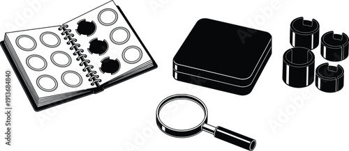 Coin collection album with storage case and magnifying glass, numismatics hobby vector illustration isolated on white background