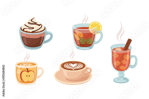 Different cups of hot drinks on a plain background