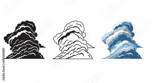 Collection of cumulonimbus storm cloud illustrations displayed in black silhouette outline drawing and stylized color graphic variations for weather design