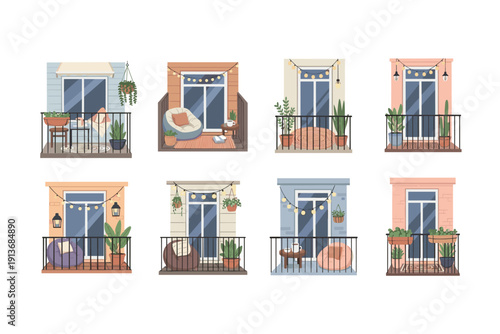 Many balconies with plants and cozy setups in colorful styles