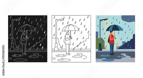 Set of three illustrations depicting a man standing outdoors holding an umbrella during a heavy rain shower near a streetlamp and puddles on the ground