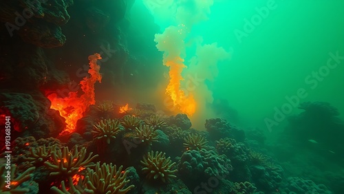 A terrifyingly beautiful underwater scene where the coral reef is consumed by an acidic neon-green and orange haze.