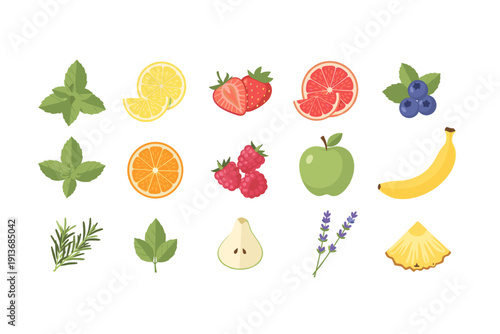 Fresh fruits and herbs arranged on a white background