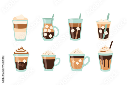 The image shows different kinds of coffee drinks arranged in a row