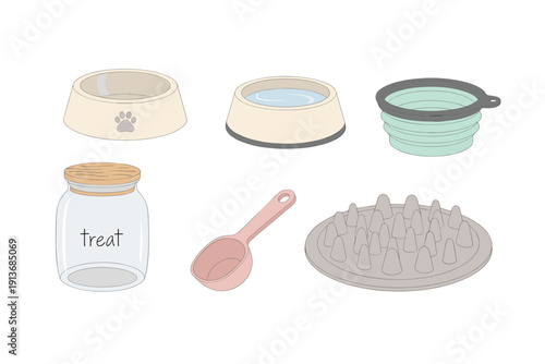 Pet feeding items arranged on a clean surface for easy access