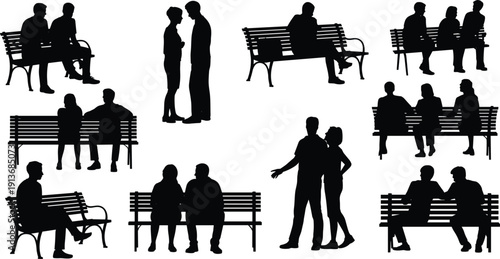 Couple and friends sitting on park bench silhouette collection isolated on white background vector illustration