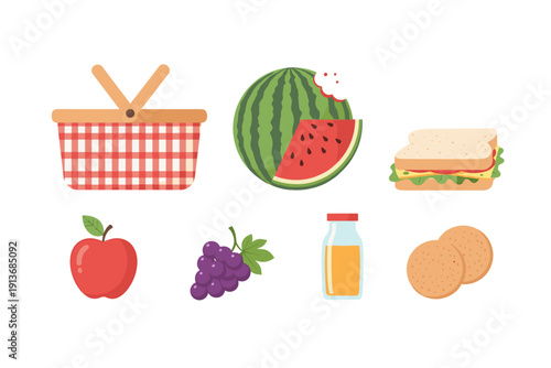 Summer picnic basket with food items and drinks for outdoor fun