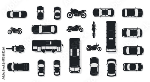 Collection of Top Down Vehicle Silhouettes Including Cars Motorcycles and Bus.