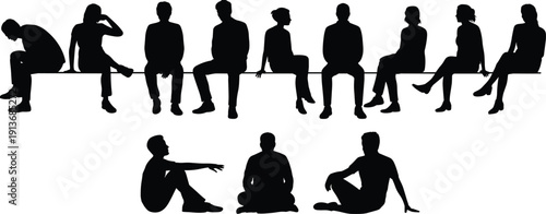 People Sitting Silhouette Collection on Bench and Floor, Diverse Men and Women Black Isolated Set, flat vector illustration