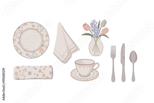 Set of tableware with floral design on plain background