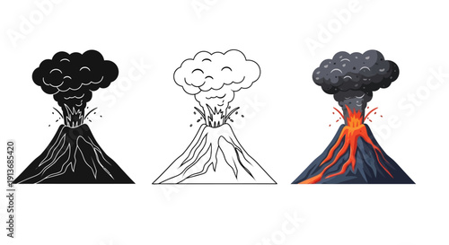 Collection of three distinct volcano eruption icons showing black silhouette line art and full color illustrations demonstrating geological activity with smoke and lava flow