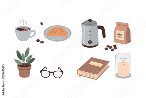 Morning routine with coffee, croissant, and books on a table