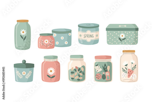 Spring jars with flowers arranged on a light background