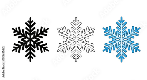 Collection of three distinct snowflake icons displaying various styles including solid black outline and vibrant blue colored versions perfect for winter design projects