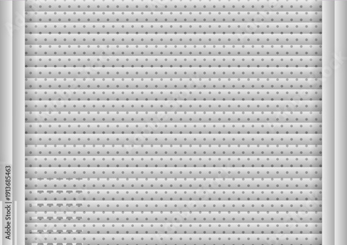 Modern minimalist background featuring a white metallic texture with a systematic dot grid pattern (perforated) and subtle horizontal segments. Ideal for industrial design, high-tech equipment backdro