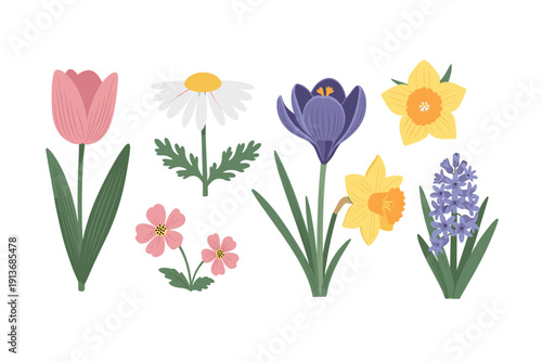 Wallpaper Mural Colorful flower design with various spring blooms and green leaves Torontodigital.ca