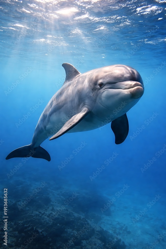 Naklejka premium A dolphin swims underwater in the ocean with sunlight shining through the waves above