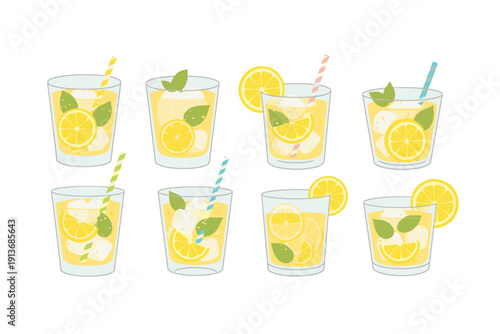 Refreshing lemon drinks served with ice and garnish in clear glasses