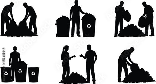 Environmental volunteers collecting trash and sorting recycling bins, community cleanup silhouette vector illustration isolated on white background