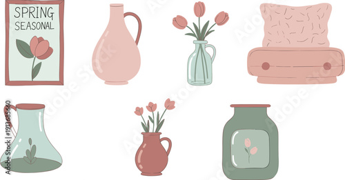 Spring seasonal decor with flowers and vases in soft colors