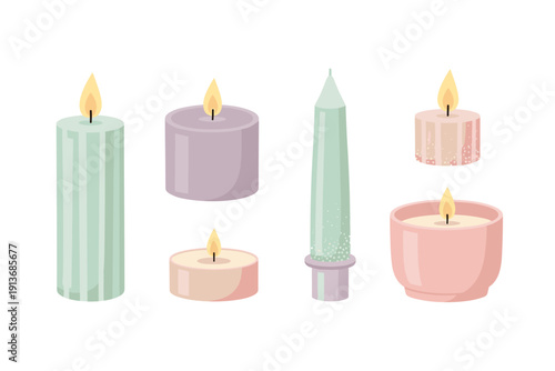 Candles of different shapes and colors are arranged together