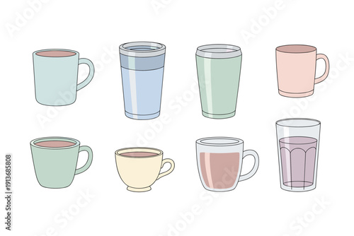 Different types of cups and glasses arranged in a line