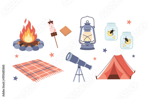 Campfire activities with tent, telescope, and lantern at night
