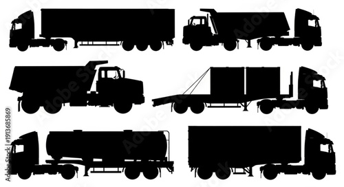 Collection of Six Different Truck Silhouettes Isolated on White Background.