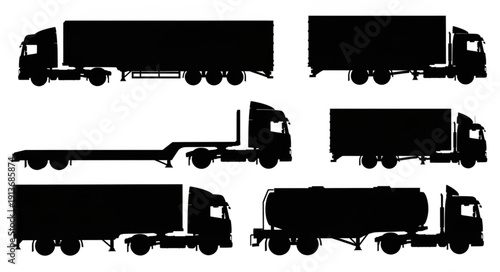 Collection of six different truck silhouettes isolated on white background.