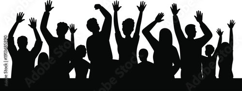 Excited Crowd Silhouettes with Raised Hands Celebrating Victory and Success at Event, Happy People Cheering Together, Isolated on White Background, flat vector illustration