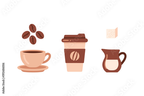 Coffee cup with beans and creamer by a sugar cube on table