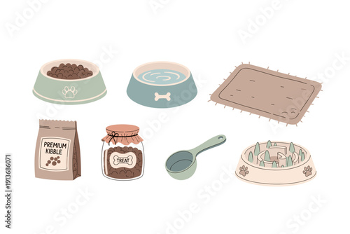 Pet feeding supplies on a mat with bowls and kibble bags